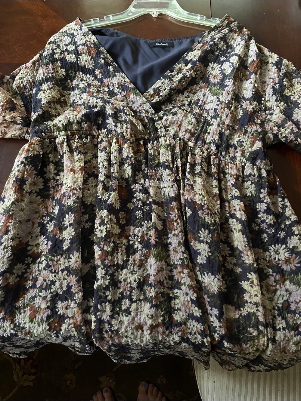 Madewell Navy Floral Long Sleeve Babydoll Dress with Cream & Brown Blooms